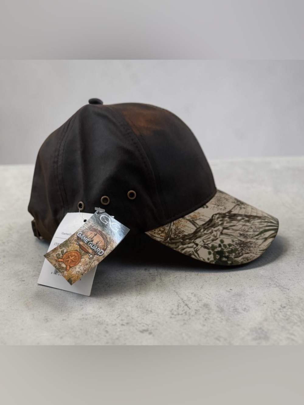 New with Tags GAME GUARD Brown Leather-Style Cap with Camouflage Brim